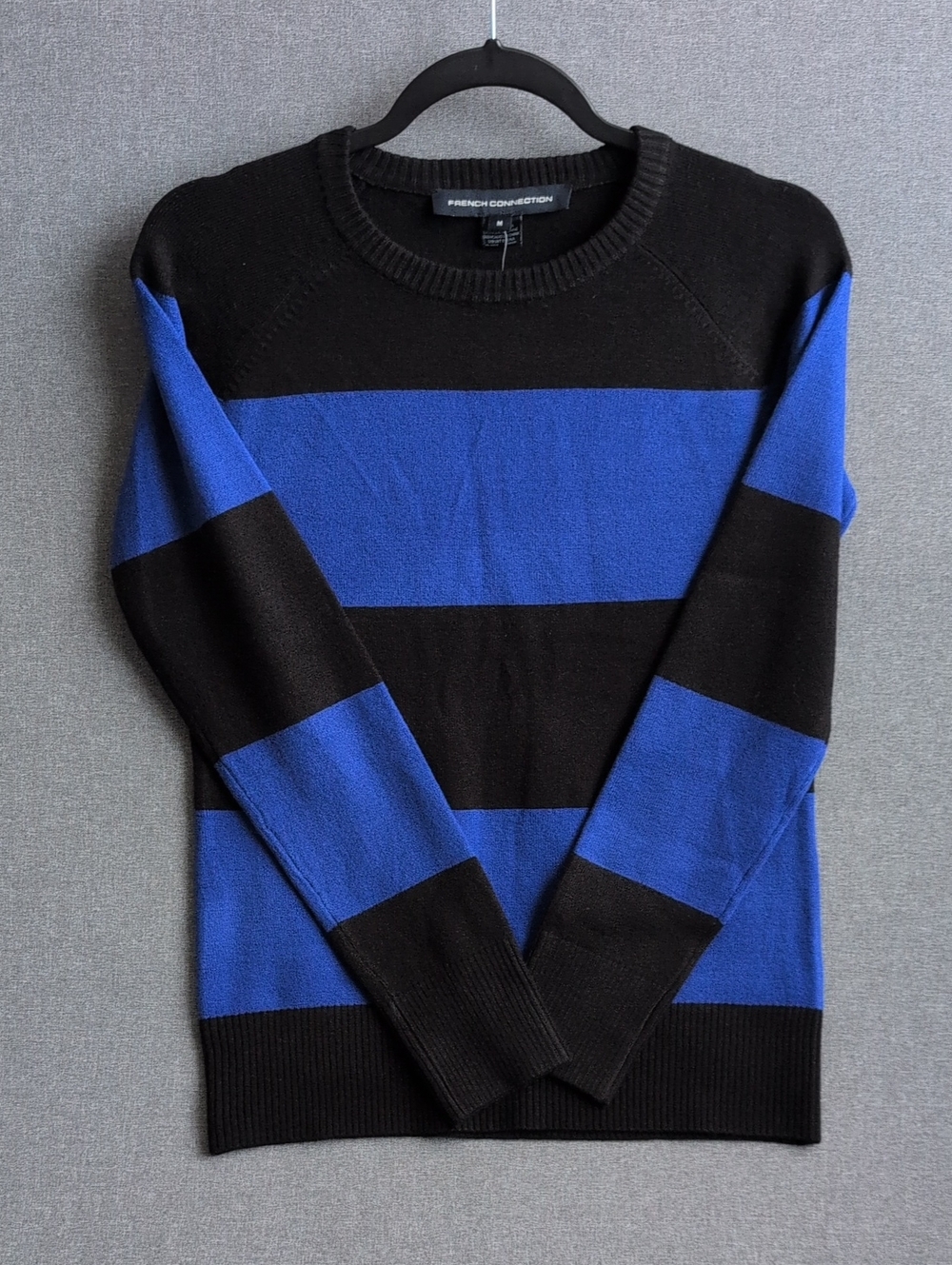 French Connection Black and Blue Wide-Stripe Crewneck Sweater